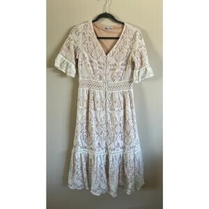 Ivy City Co Monroe Lace Button-Down Midi Dress Ivory/Beige Size S